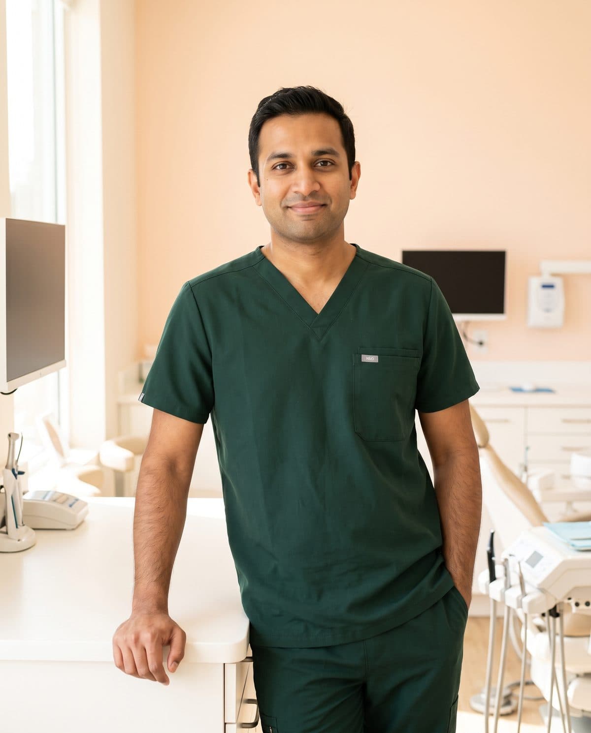 Dr. Rohan Mehta in green scrubs, leaning against a white counter in a treatment room.