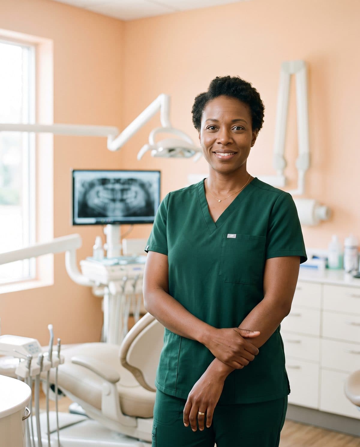 Dr. Adaeze Okafor in green scrubs, arms loosely crossed, standing in a bright treatment room with an x-ray on the screen behind her.