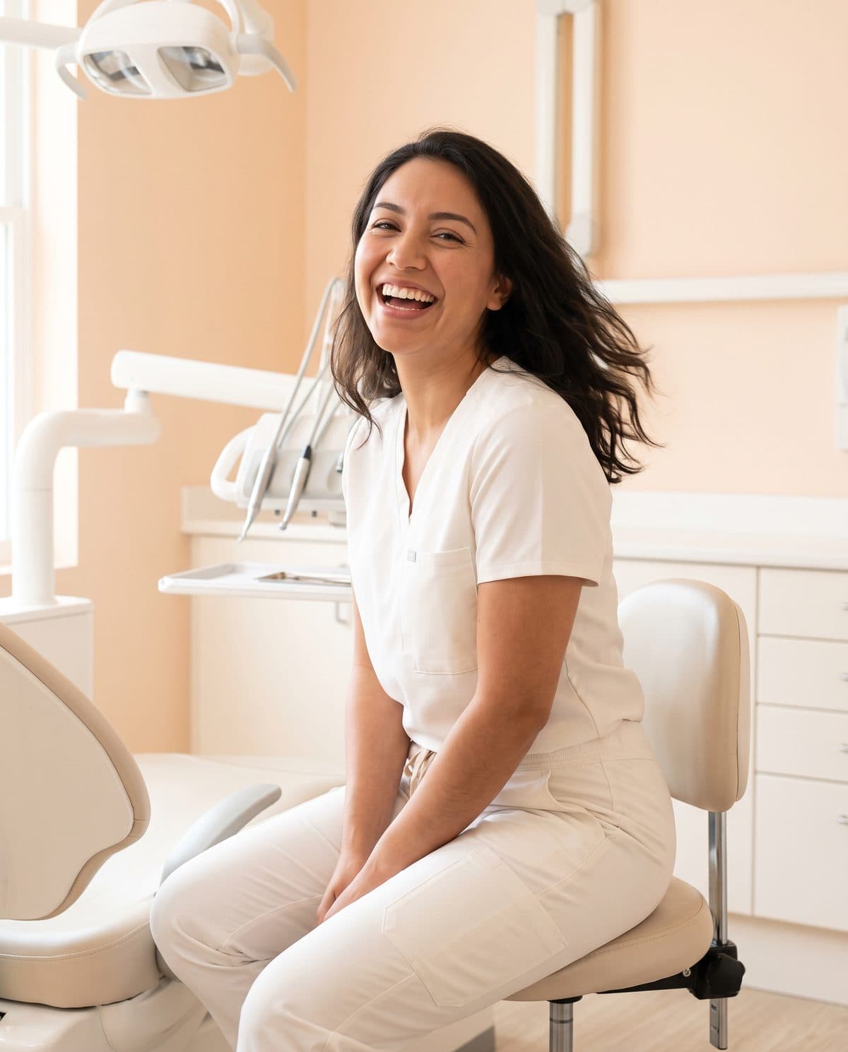 Marisol Vega, dental hygienist, laughing, seated on a stool beside a dental chair.